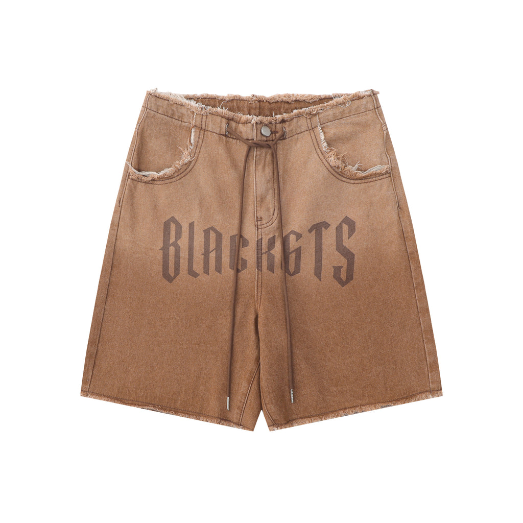 DONOTLOGO Ombre Letter Graphic Denim Shorts | Unisex Distressed Raw Hem Capris | Retro Streetwear Baggy Fit