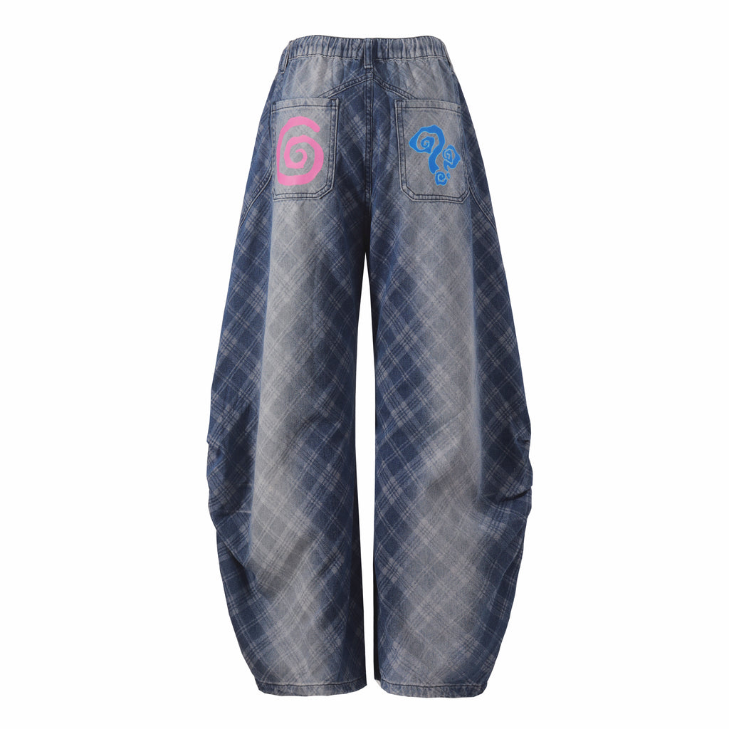DONOTLOGO Streetwear Vibe Aesthetic | Unisex Oversized Baggy Jeans | Acid Wash Plaid Denim with Colorful Patches & Structural Seams