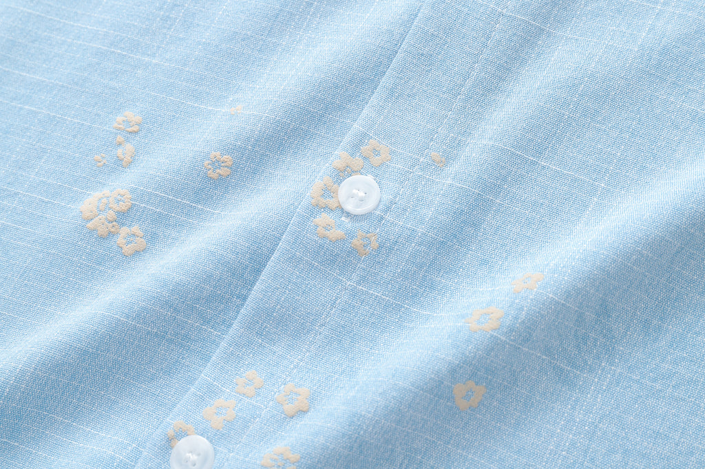 DONOTLOGO Soft Breeze Collection | Unisex Relaxed Fit Linen-Cotton Blend Shirt | Delicate Beige Floral Print Short Sleeve Top with Vintage Chest Pocket Detail