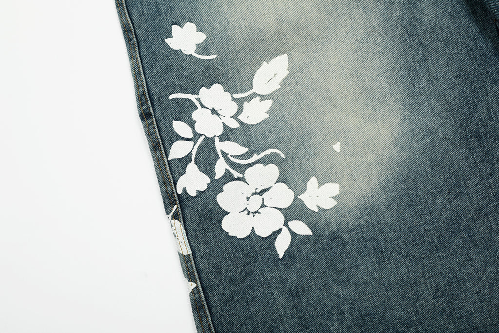 Unisex Floral Print Design Denim Jeans