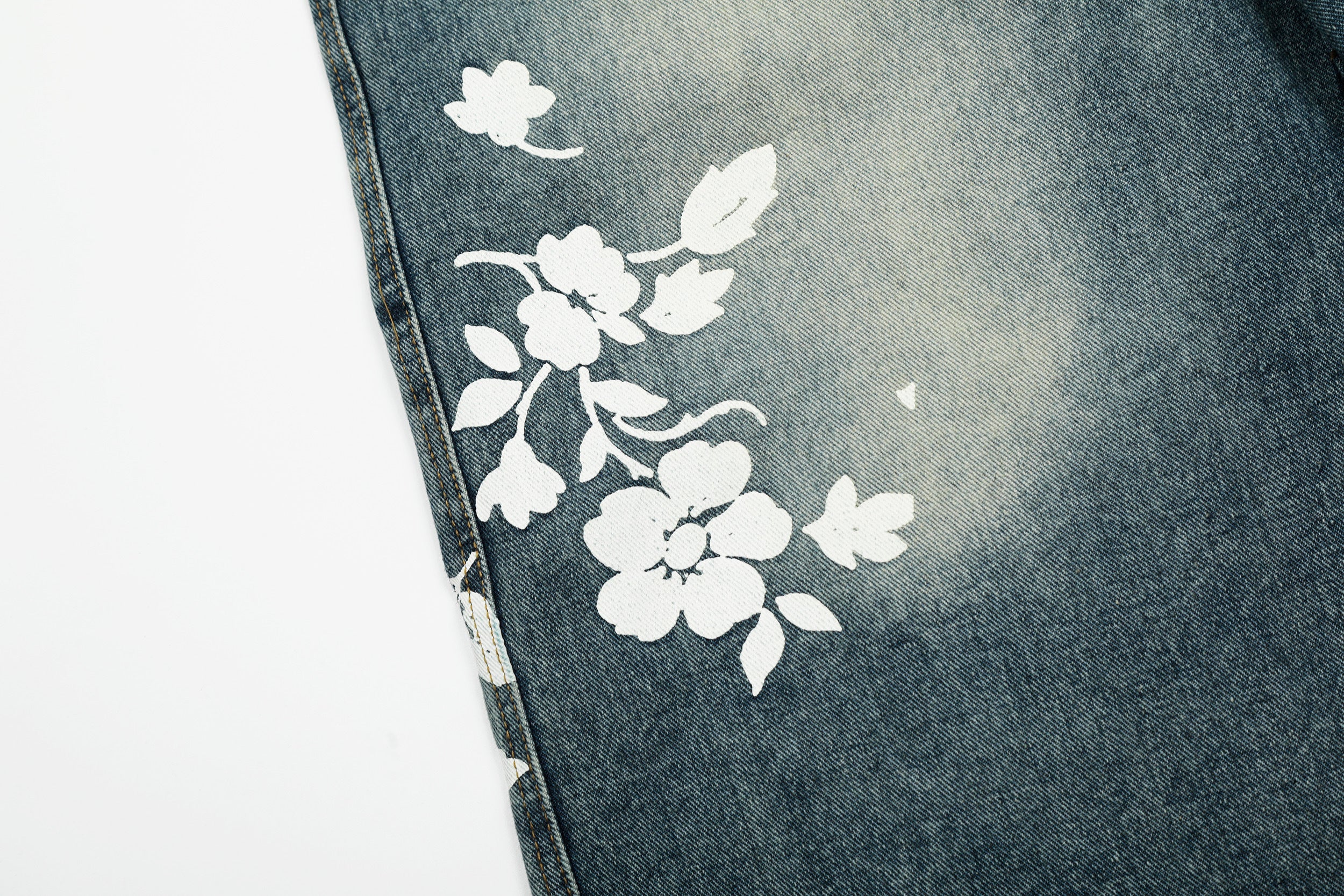 Unisex Floral Print Design Denim Jeans