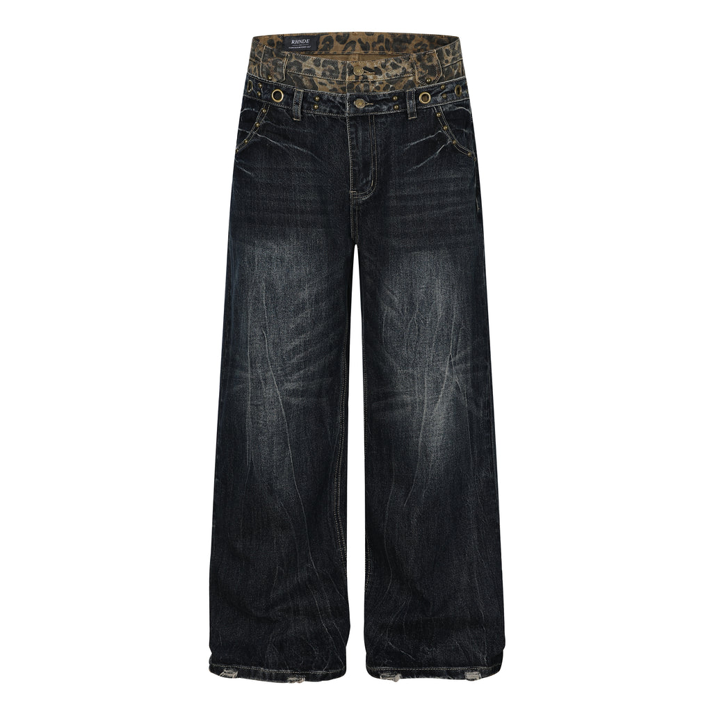 Unisex Whisker Leopard Print Waist Denim Jeans