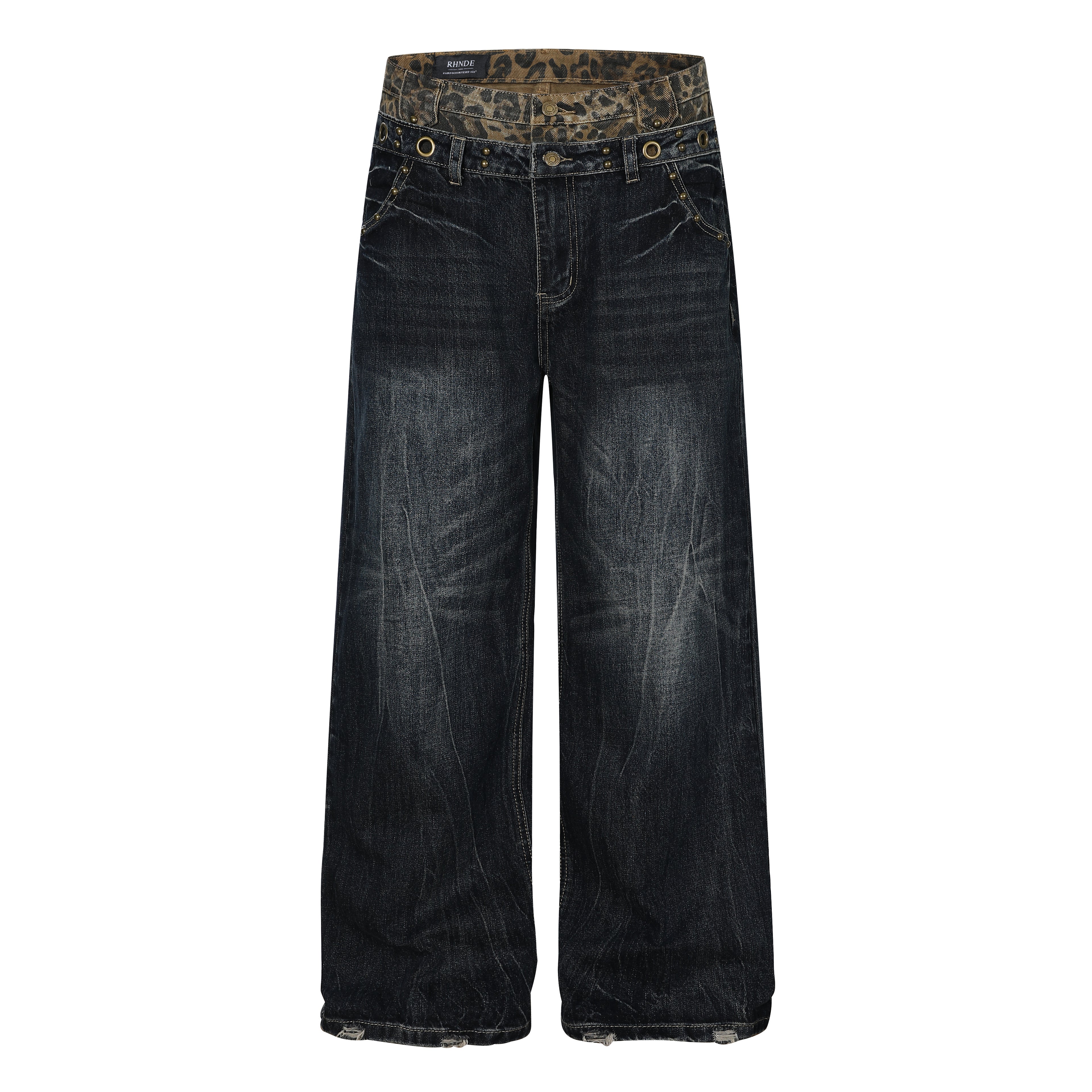 Unisex Whisker Leopard Print Waist Denim Jeans
