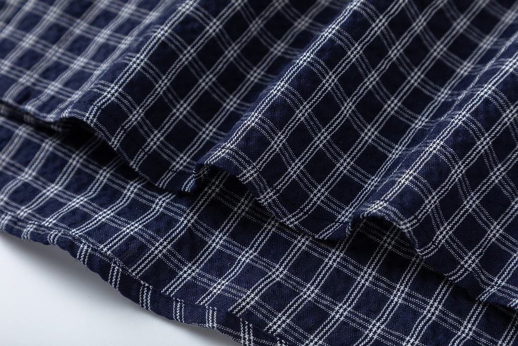 DONOTLOGO Unisex Dark Blue Plaid Shirt | Loose Fit, Japanese Retro Style | Summer Essential