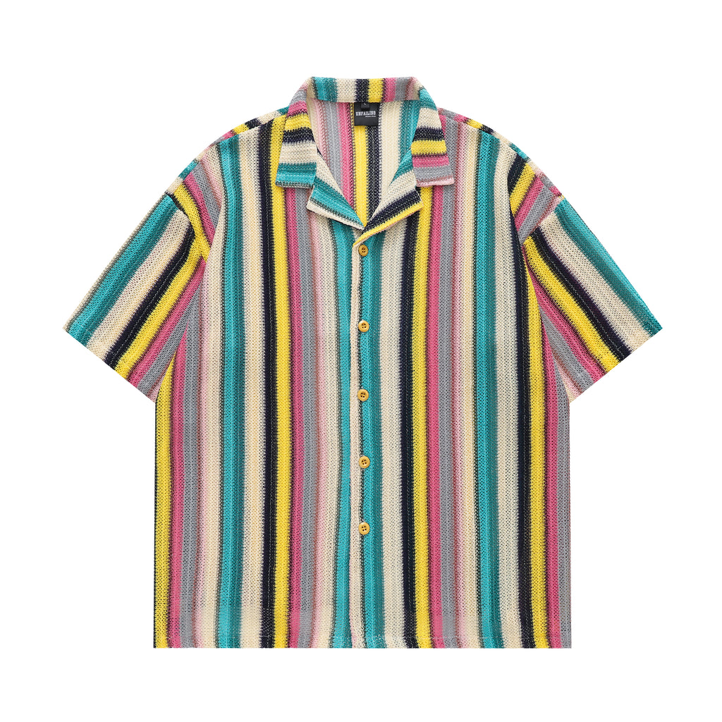 DONOTLOGO Rainbow Stripe Mesh Knit Shirt | Unisex Y2K Cuban Collar Top | High Street Relaxed Fit Summer Blouse