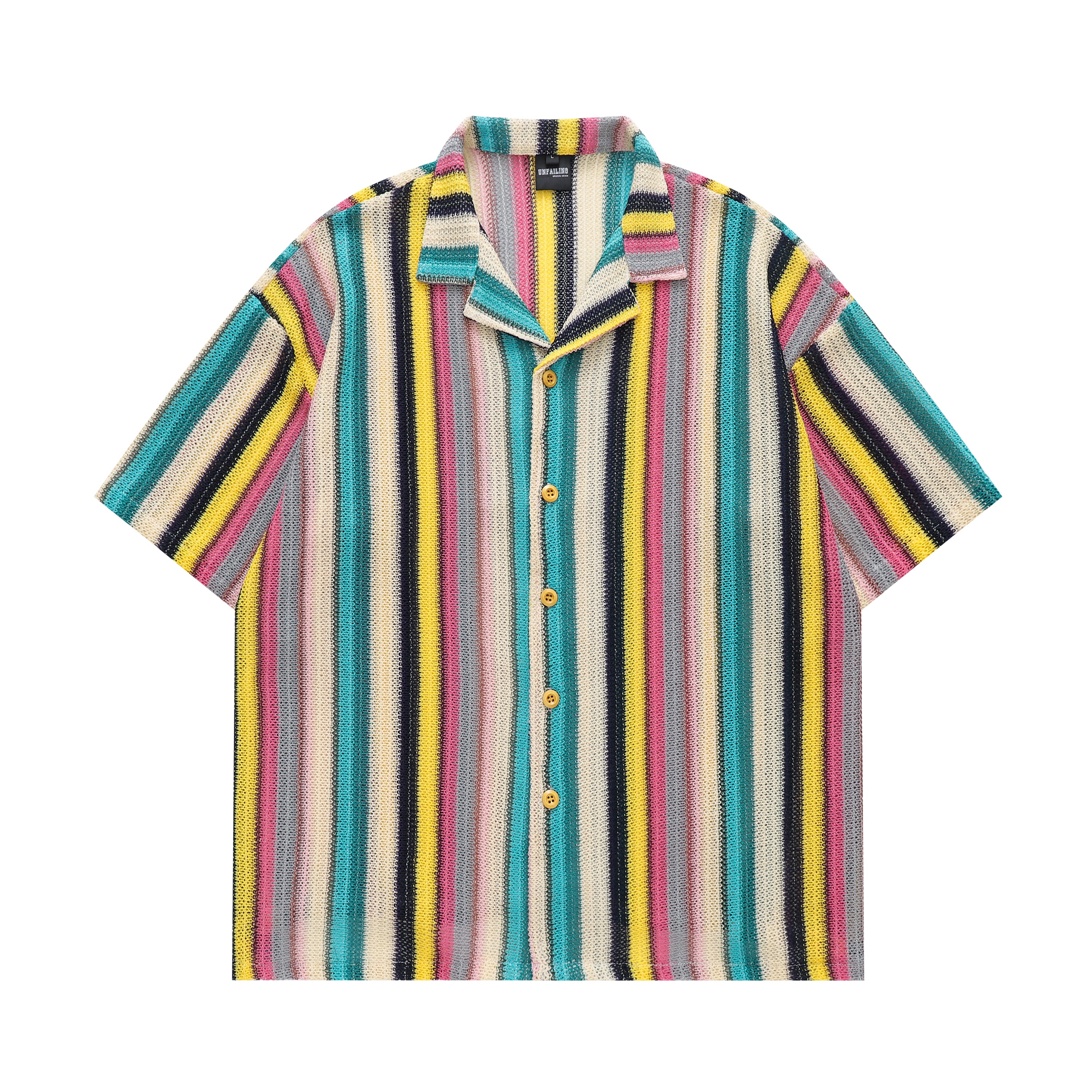 DONOTLOGO Rainbow Stripe Mesh Knit Shirt | Unisex Y2K Cuban Collar Top | High Street Relaxed Fit Summer Blouse