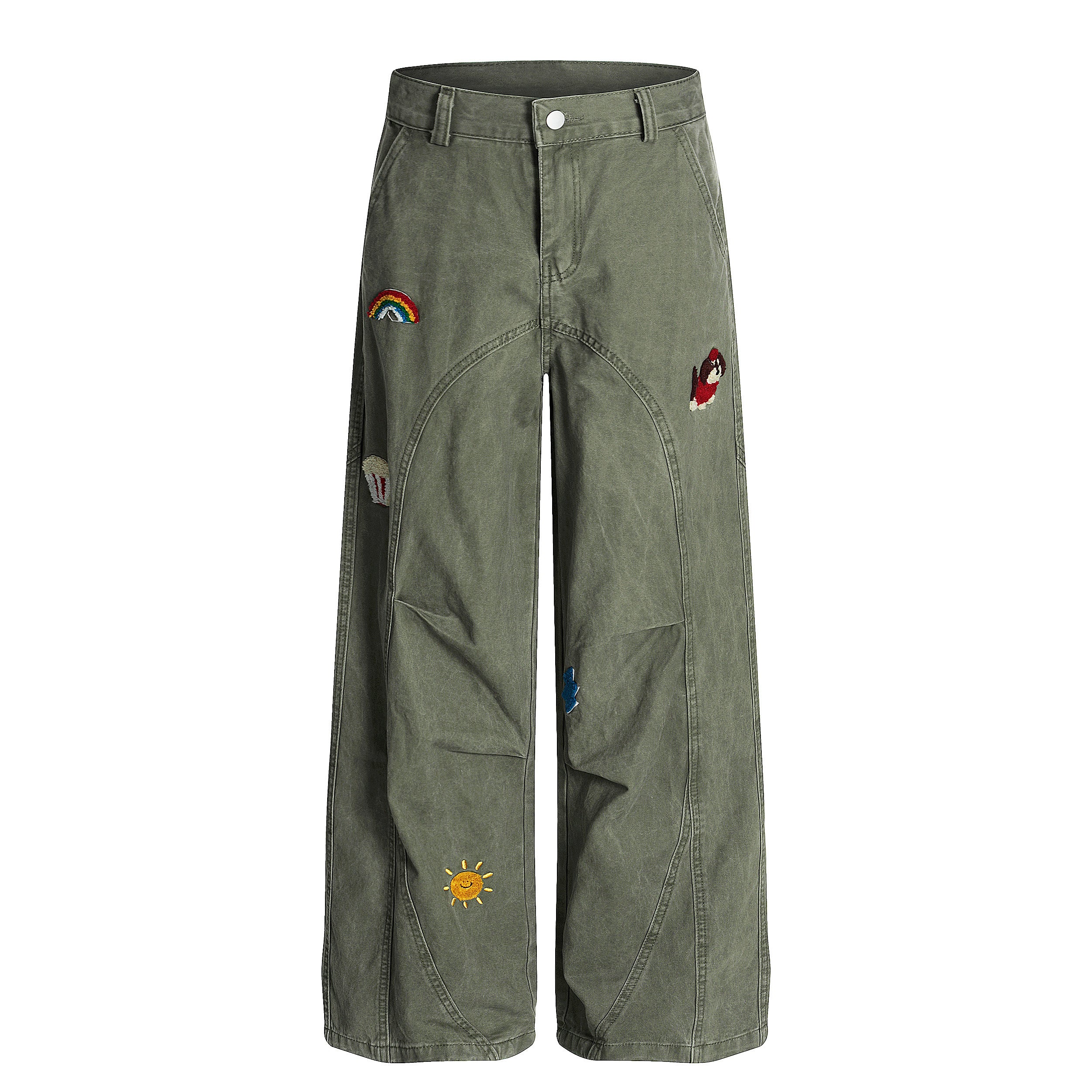 DONOTLOGO Urban Streetwear Collection | Unisex Relaxed Silhouette Cargo Pants | Bold Rainbow & Puppy Motif & Soft Denim Fabric