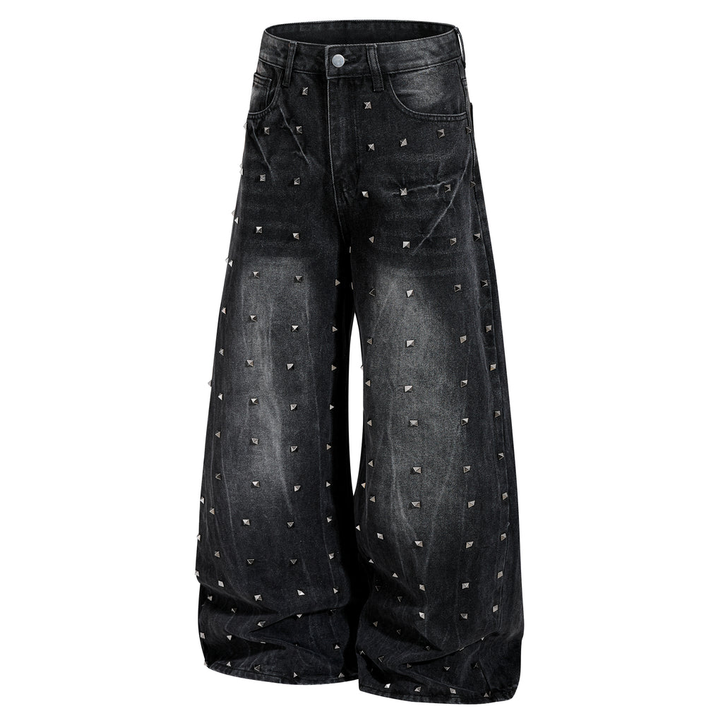 DONOTLOGO Heavy Studded Wide-Leg Denim | Unisex Y2K Punk Rock Rivet Jeans | Vintage Black High Street Oversized Trousers