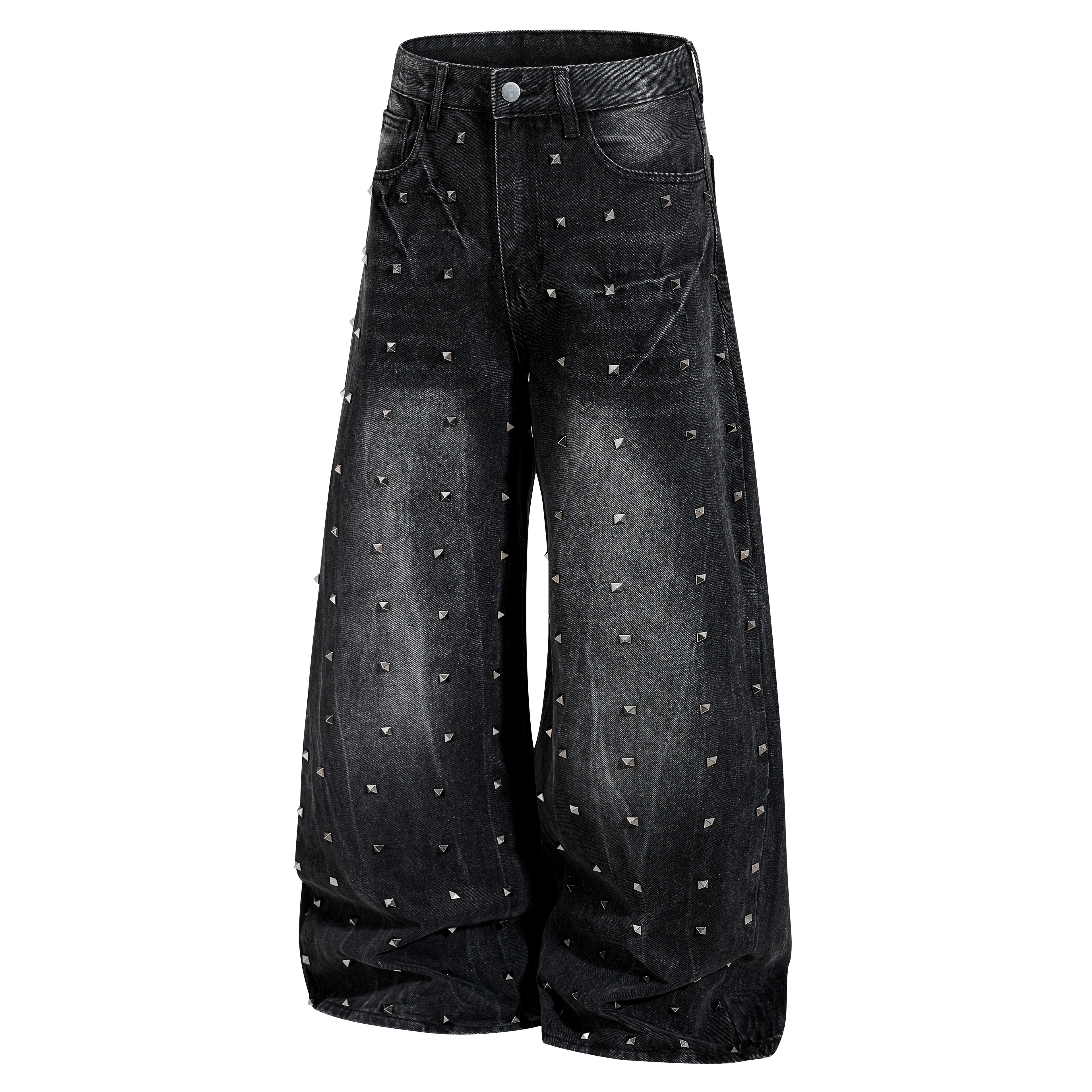 DONOTLOGO Heavy Studded Wide-Leg Denim | Unisex Y2K Punk Rock Rivet Jeans | Vintage Black High Street Oversized Trousers