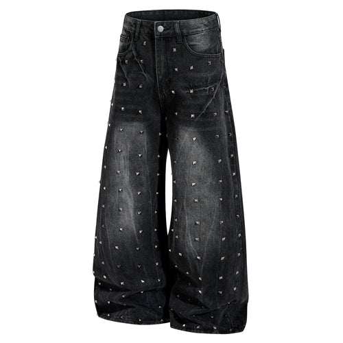 DONOTLOGO Heavy Studded Wide-Leg Denim | Unisex Y2K Punk Rock Rivet Jeans | Vintage Black High Street Oversized Trousers