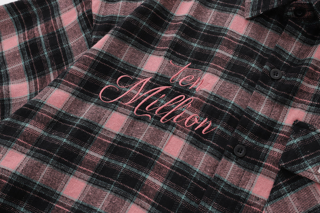 DONOTLOGO Unisex Pink Black Plaid Shirt | Embroidered Detail, Loose Fit | Casual Summer Essential