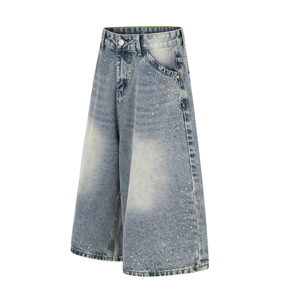 DONOTLOGO Glitter & Grit Collection | Unisex Relaxed Fit Denim Cropped Pants | Sparkling Rhinestone Detail with Vintage Wash Finish & High-Rise Waistband