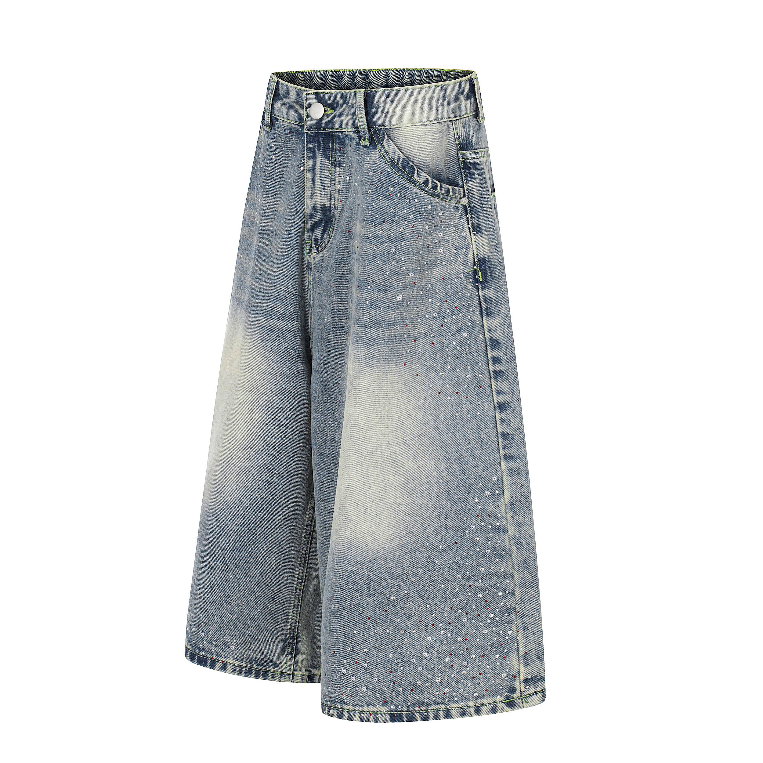 DONOTLOGO Glitter & Grit Collection | Unisex Relaxed Fit Denim Cropped Pants | Sparkling Rhinestone Detail with Vintage Wash Finish & High-Rise Waistband