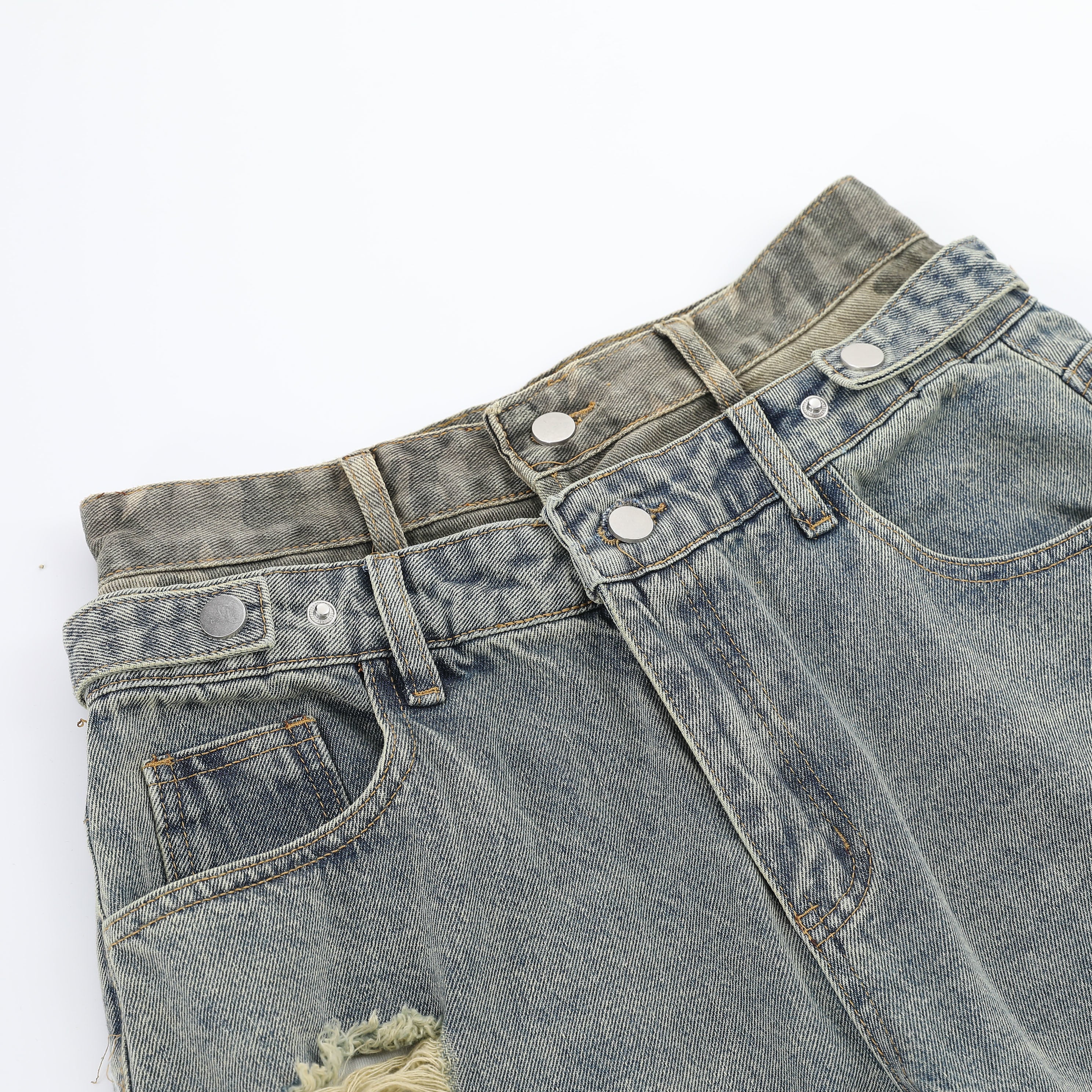 Unisex Retro Double-Waist Camouflage Distressed Jeans