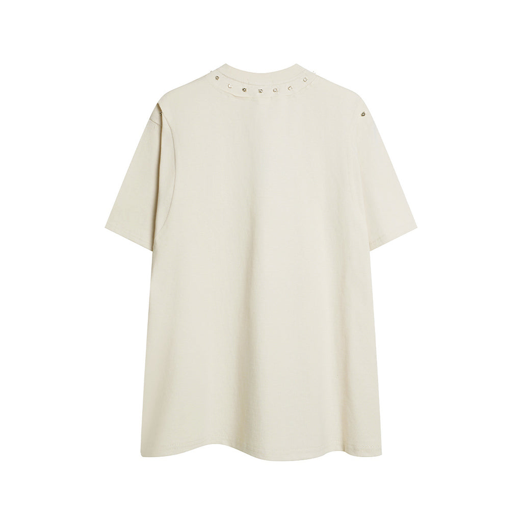 Unisex Streetwear Color-Block Raw-Edge Beaded Versatile Short-Sleeve T-Shirt