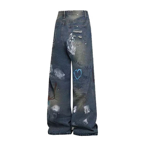 DONOTLOGO "Urban Canvas" Graffiti Jeans - Hand-Painted Distressed Denim with Ripped Knees - Vintage Washed Wide Leg Streetwear Trousers