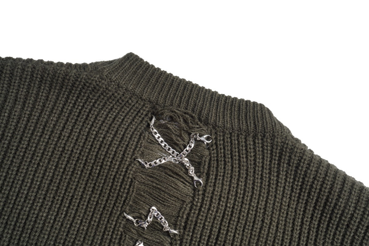 Unisex Knit Sweater with Distressed Letter Embroidery and Chain Details
