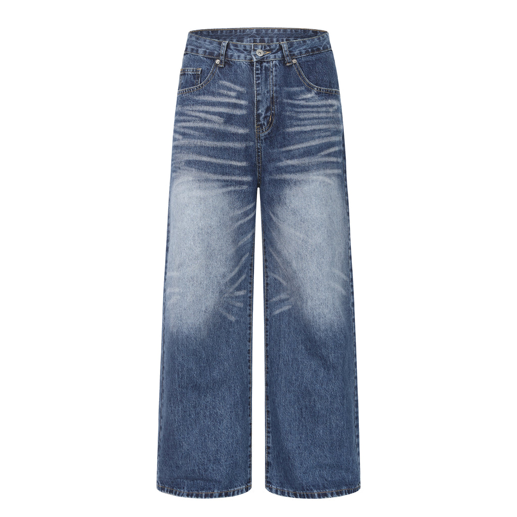 DONOTLOGO Retro Blue Baggy Denim Pants | Unisex Y2K Wide Leg Trousers with Natural Whiskering & Fade | High Street Relaxed Fit Bottoms
