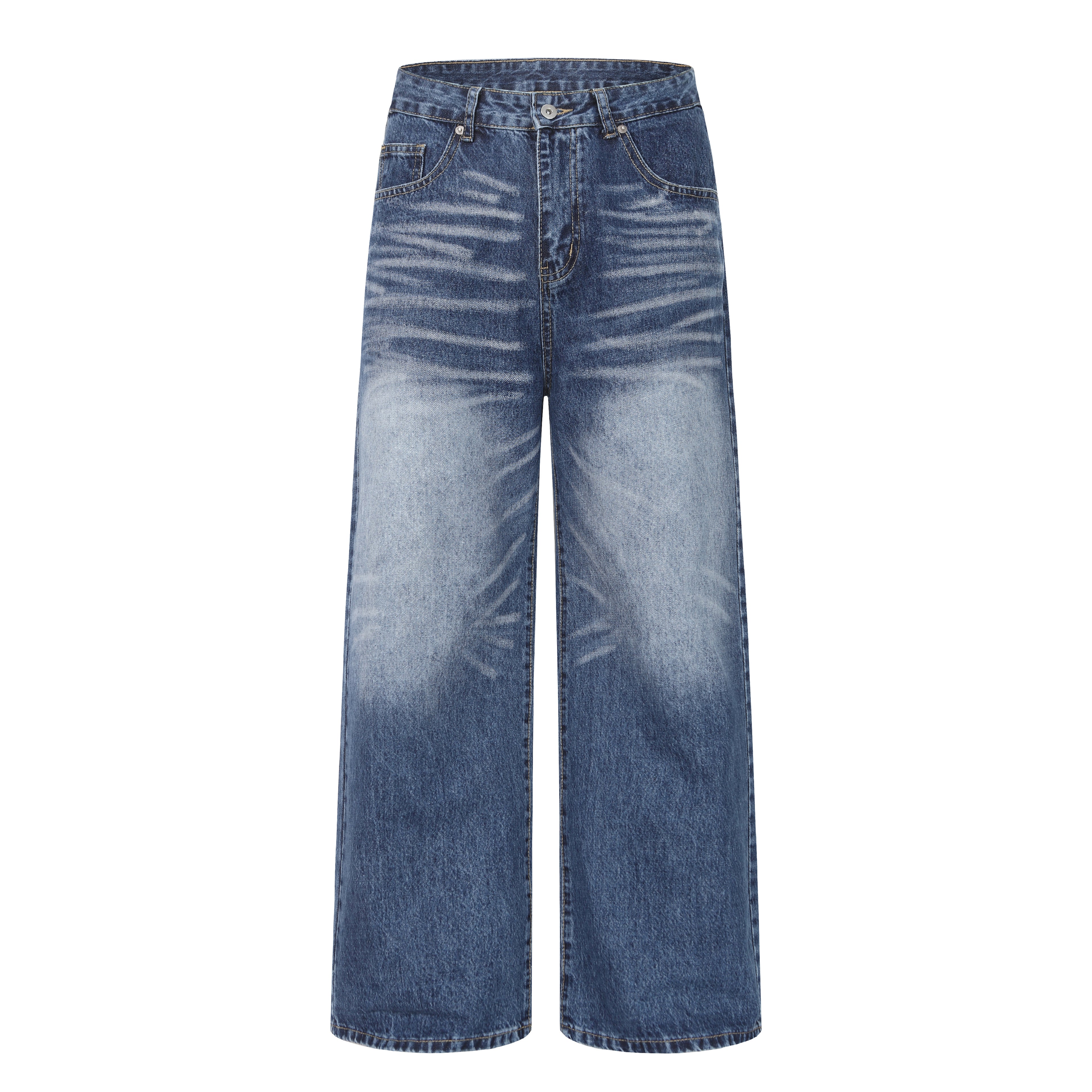 DONOTLOGO Retro Blue Baggy Denim Pants | Unisex Y2K Wide Leg Trousers with Natural Whiskering & Fade | High Street Relaxed Fit Bottoms