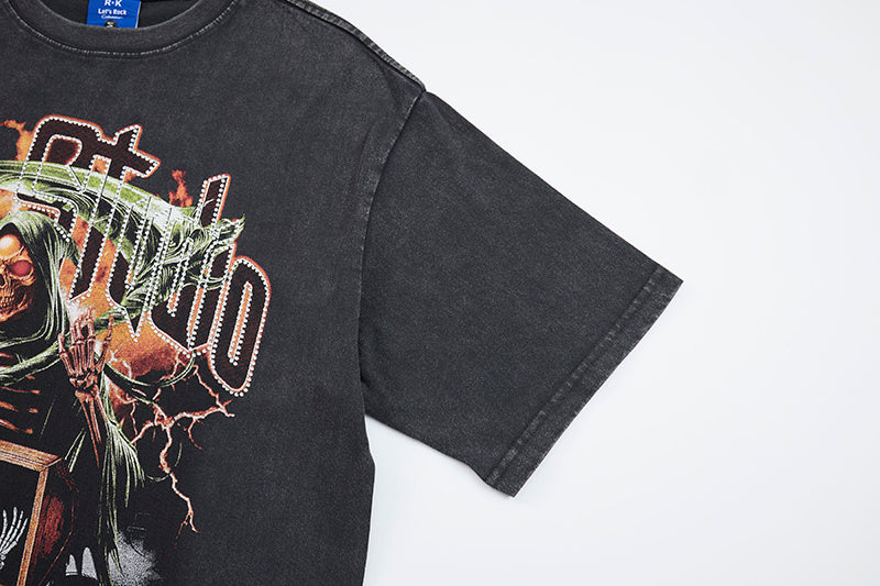 DONOTLOGO "Ray Studio" Gothic Reaper Graphic Tee - Unisex Vintage Washed Streetwear T-Shirt - Edgy Oversized Top with Skull & Lightning Aesthetic