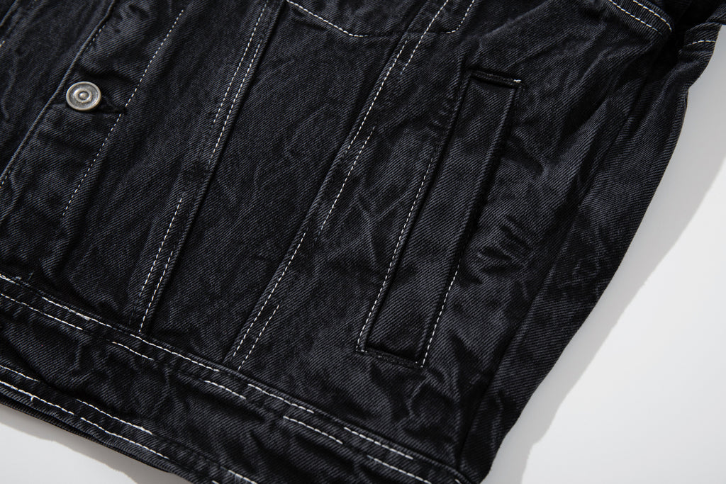 DONOTLOGO Deconstructed Black Denim Jacket - Raw Edge Acid Wash Oversized Jean Jacket - Unisex Grunge Aesthetic Vintage Streetwear