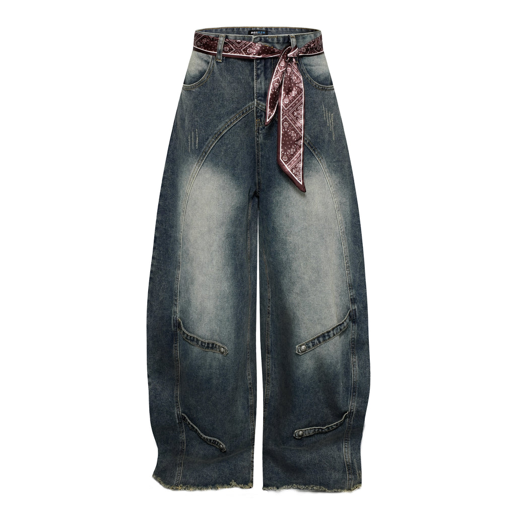DONOTLOGO "Arc Seam" Distressed Denim - American High Street Baggy Jeans with Contrast Wash & Bandana Belt - Oversized Wide Leg Trousers