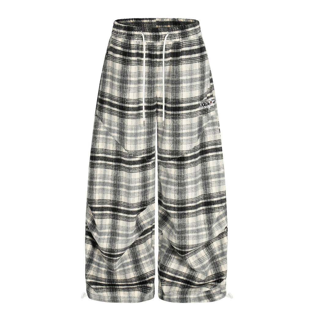 DONOTLOGO Unisex Vintage Plaid Wide-Leg Pants | Curved Fit, Drawstring Waist | Embroidered Detail | Casual Streetwear Must-Have