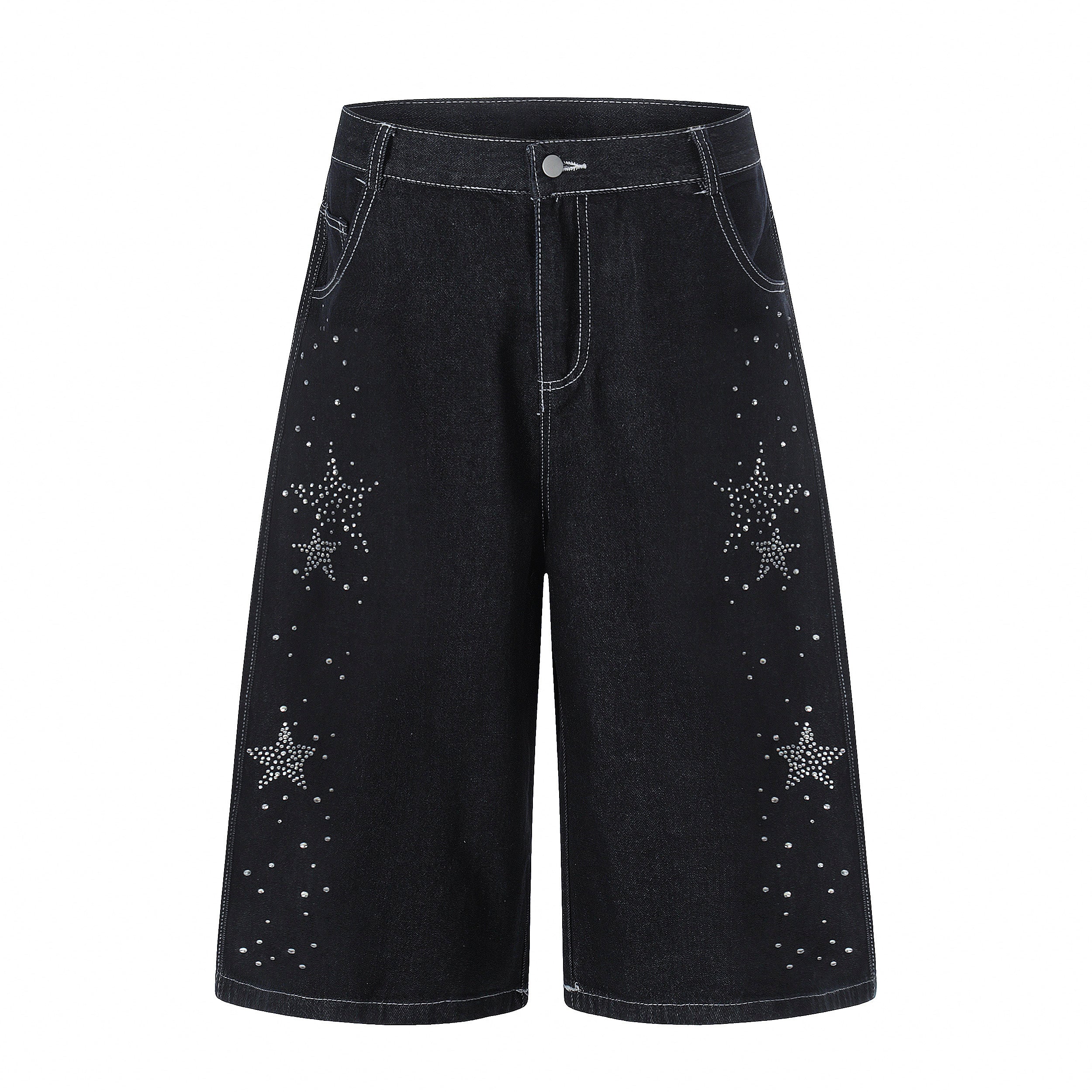 Unisex Street Style Rhinestone Distressed Washed Denim Jeans