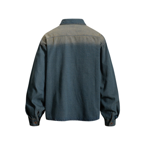 DONOTLOGO 90s Campus Aesthetic | Unisex Distressed Denim Overshirt | Boston Lettering & Shield Patch with Acid Wash Effect