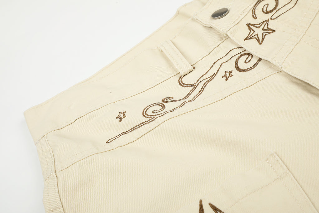 DONOTLOGO Rodeo Dream Collection | Unisex Relaxed Fit Denim-Style Cropped Pants | Bold Star & Scroll Embroidery Detail with High-Rise Waistband