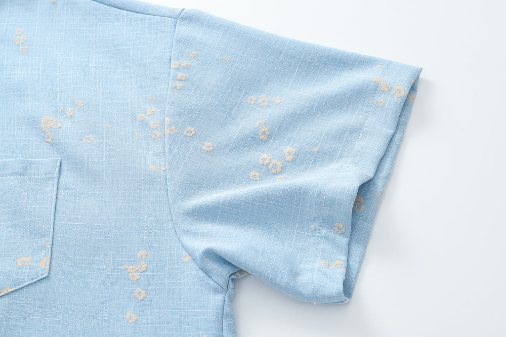 DONOTLOGO Soft Breeze Collection | Unisex Relaxed Fit Linen-Cotton Blend Shirt | Delicate Beige Floral Print Short Sleeve Top with Vintage Chest Pocket Detail