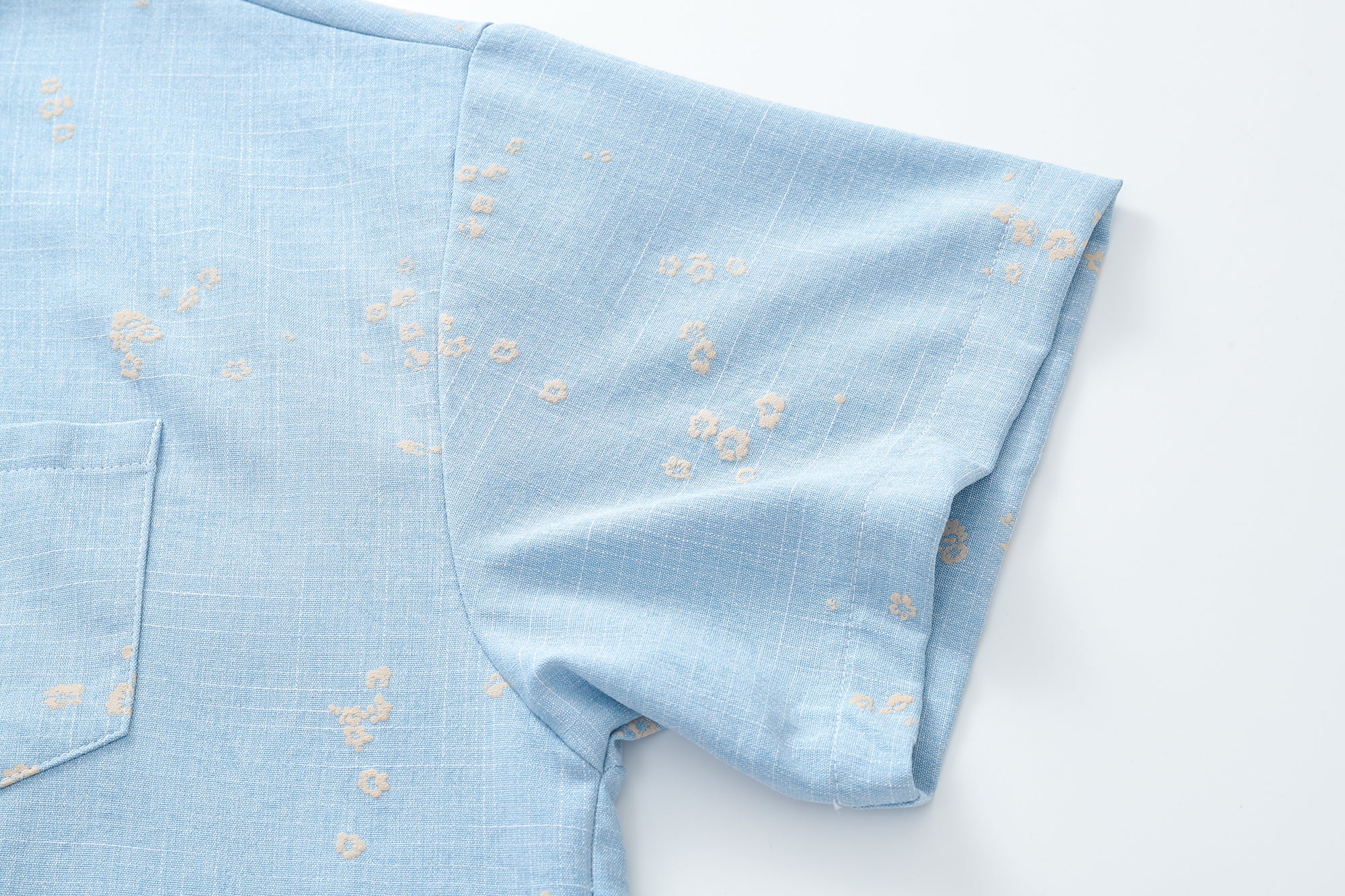 DONOTLOGO Soft Breeze Collection | Unisex Relaxed Fit Linen-Cotton Blend Shirt | Delicate Beige Floral Print Short Sleeve Top with Vintage Chest Pocket Detail