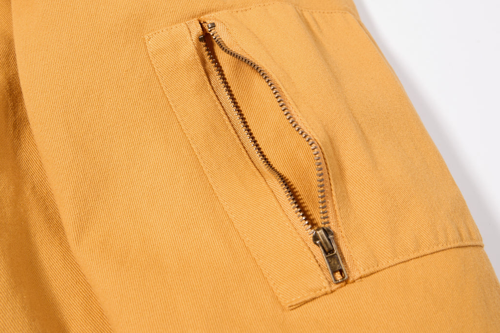 DONOTLOGO Retro Air Force Aesthetic | Unisex Heavyweight Cotton Bomber | Mustard Tone Workwear Jacket with Vintage Badge Details & Ribbed Trim