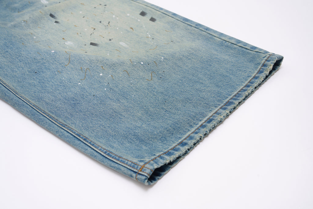 DONOTLOGO Street Art Revival Collection | Unisex Relaxed Fit Denim Shorts | Bold Paint Splatter Seaming & Faded Wash Finish with Classic Cotton Denim Fabric