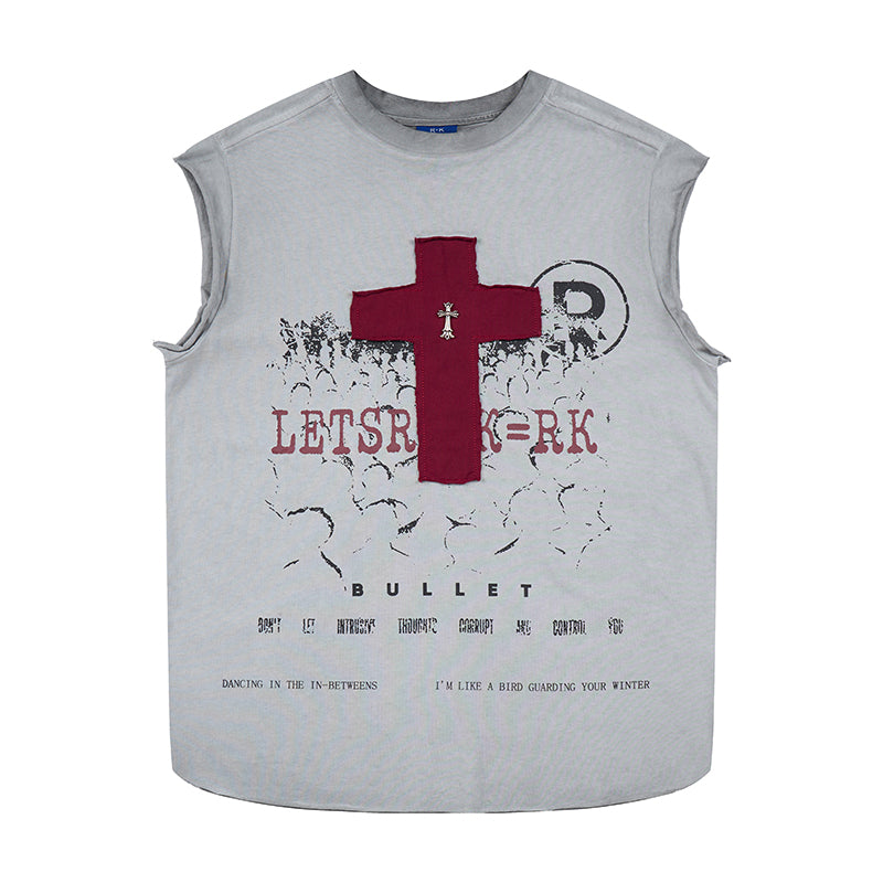 DONOTLOGO Vintage Cross Print Tank Top | Oversized Streetwear Sleeveless Tee for Men | Summer Must-Have