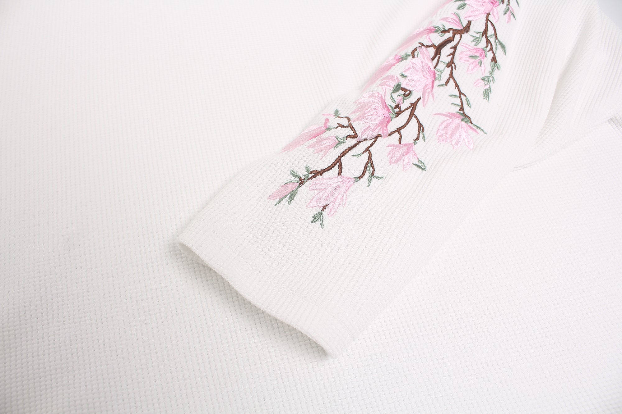 DONOTLOGO Urban Streetwear Collection | Unisex Relaxed Silhouette Tee | Elegant Peach Blossom Embroidery & Soft Waffle Knit Fabric