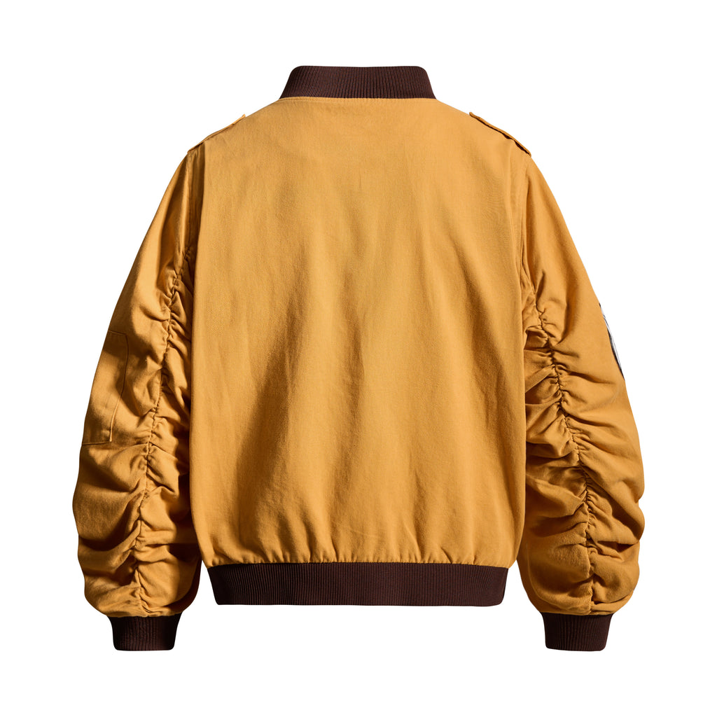 DONOTLOGO Retro Air Force Aesthetic | Unisex Heavyweight Cotton Bomber | Mustard Tone Workwear Jacket with Vintage Badge Details & Ribbed Trim