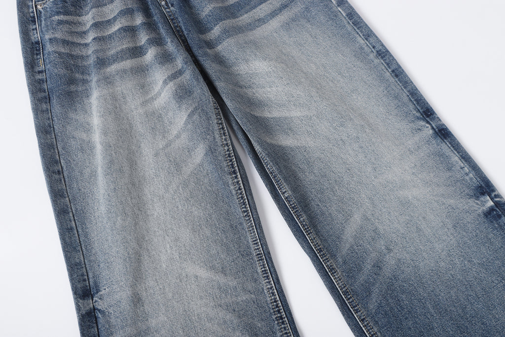 DONOTLOGO Retro Blue Baggy Denim Pants | Unisex Y2K Wide Leg Trousers with Natural Whiskering & Fade | High Street Relaxed Fit Bottoms