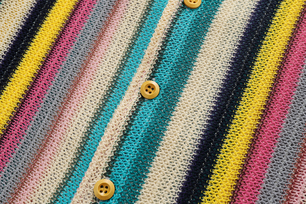 DONOTLOGO Rainbow Stripe Mesh Knit Shirt | Unisex Y2K Cuban Collar Top | High Street Relaxed Fit Summer Blouse