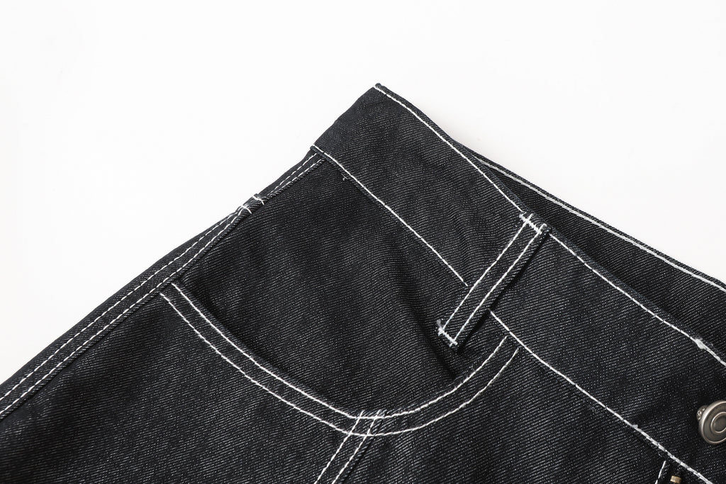 DONOTLOGO Deconstructed Black Baggy Denim Pants | Unisex Y2K Wide Leg Trousers with Bold White Stitching | High Street Relaxed Fit Bottoms
