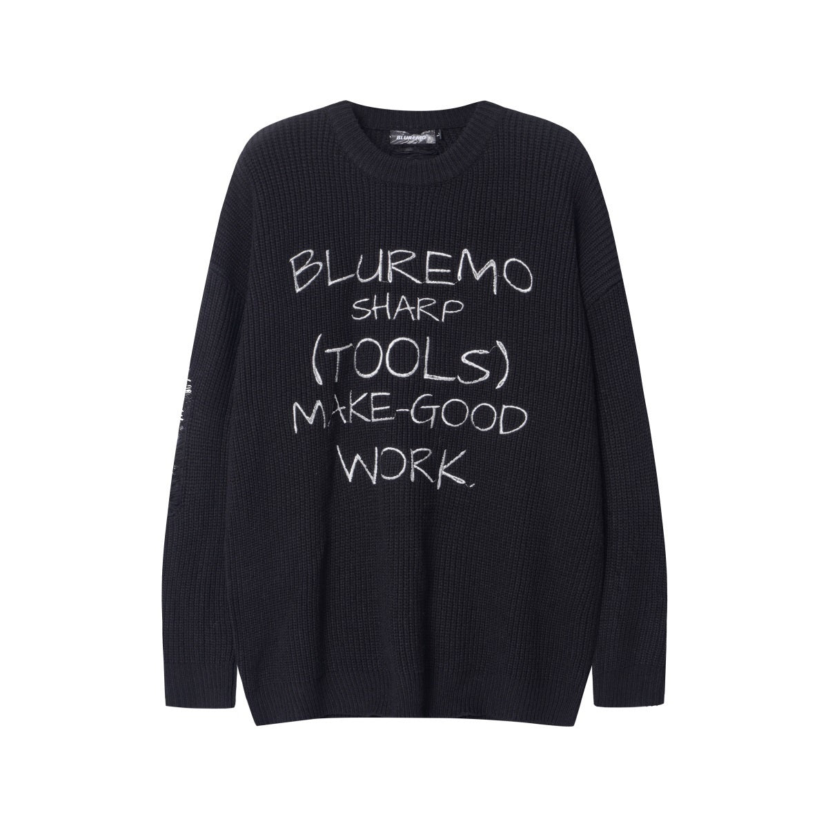 Unisex Knit Sweater with Distressed Letter Embroidery and Chain Details