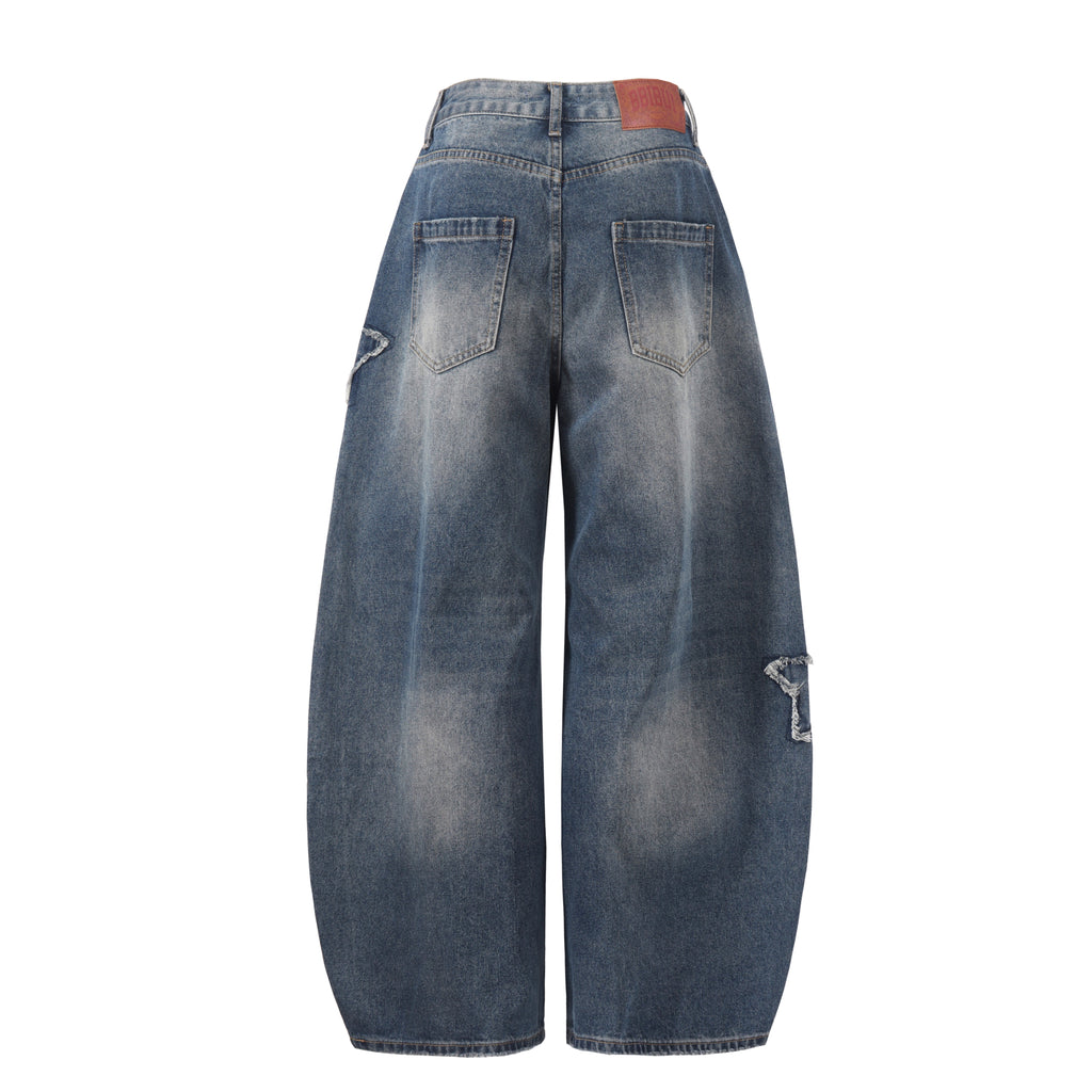 DONOTLOGO Retro Grunge Aesthetic | Unisex Baggy Star-Embellished Denim Trousers | Distressed Wash with Raw Edge Patches & Leather Brand Tag