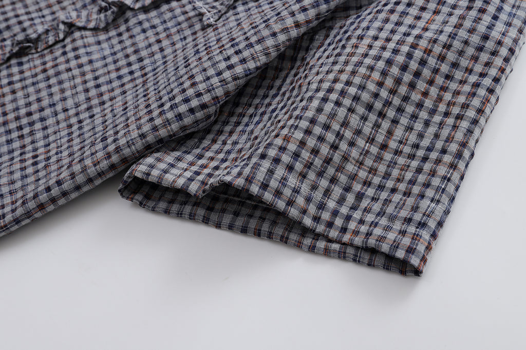 Unisex Loose Street Seersucker Plaid Ruffle Tee