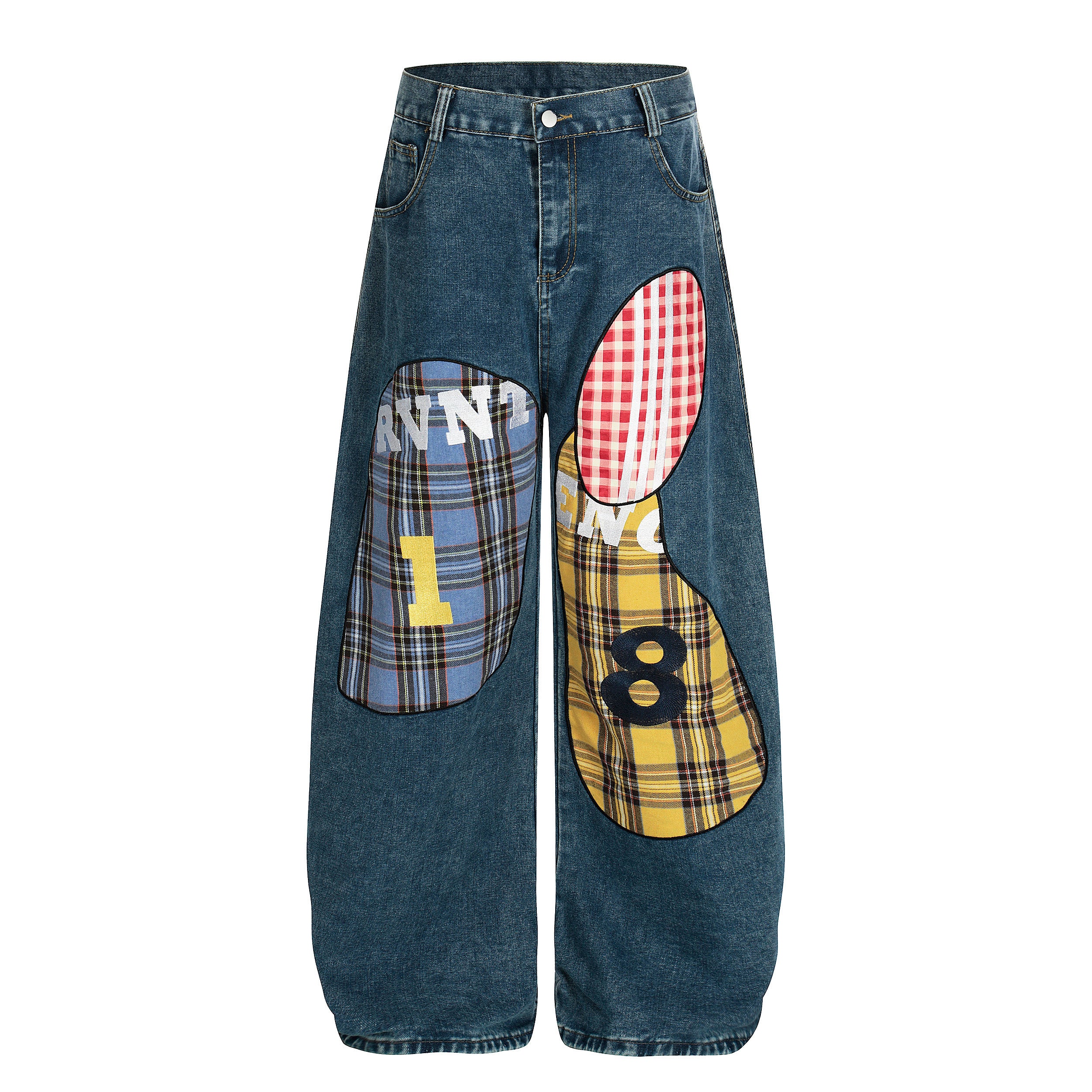 DONOTLOGO ：Urban Streetwear Collection | Unisex Relaxed Silhouette Jeans | Bold Plaid & Number Motif & Soft Denim Fabric