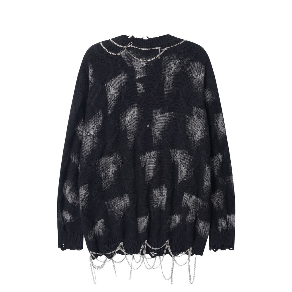 Unisex Crewneck Sweater with Irregular Paint and Chain Detail