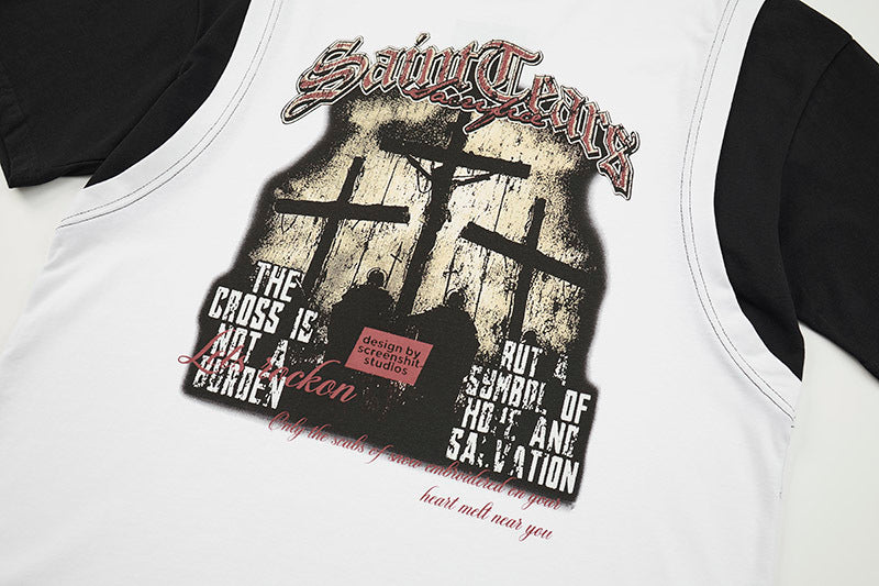 DONOTLOGO Unisex Graphic Layered T-Shirt - Saint Terror Cross Print, Vintage Wash Streetwear