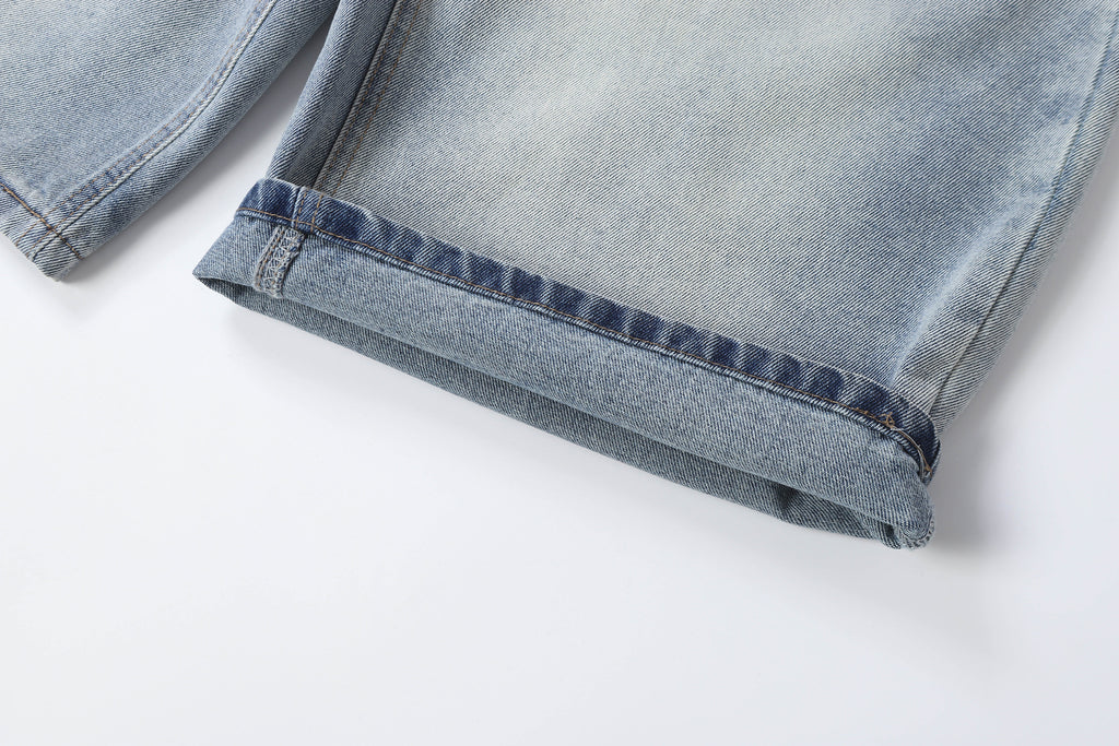 DONOTLOGO Retro Blue Baggy Denim Shorts | Unisex Y2K Wide Leg Trousers with Natural Whiskering & Fade | High Street Relaxed Fit Bottoms