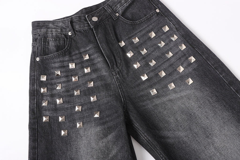 DONOTLOGO Deconstructed Black Baggy Denim Pants | Unisex Y2K Wide Leg Trousers with Bold Metal Studs | High Street Relaxed Fit Bottoms