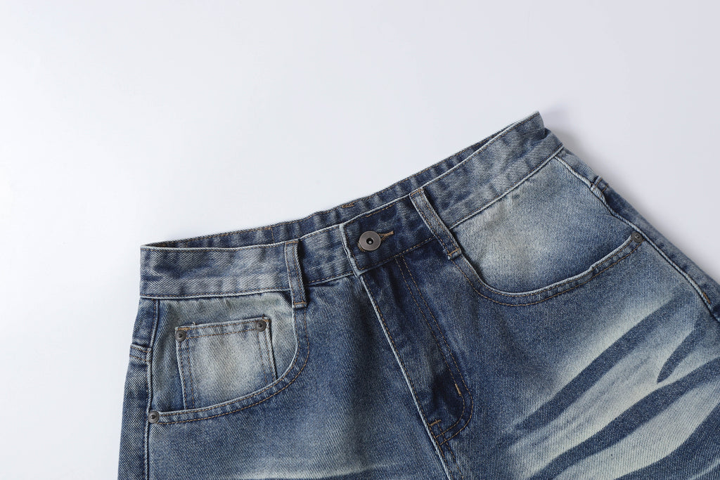 DONOTLOGO Retro Blue Baggy Denim Shorts | Unisex Y2K Wide Leg Trousers with Natural Whiskering & Fade | High Street Relaxed Fit Bottoms