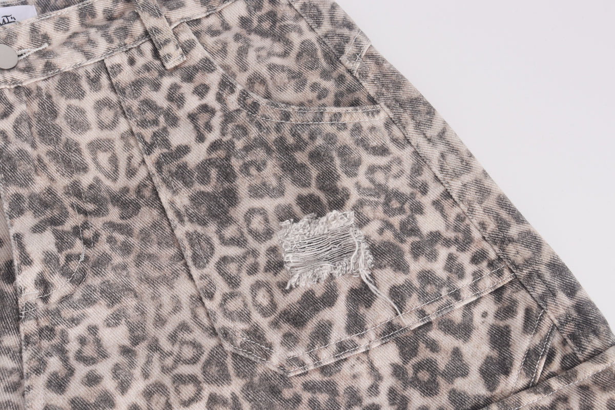 DONOTLOGO Y2K Grunge Aesthetic | Unisex Oversized Cargo Trousers | Distressed Leopard Print with Functional Streetwear Pockets